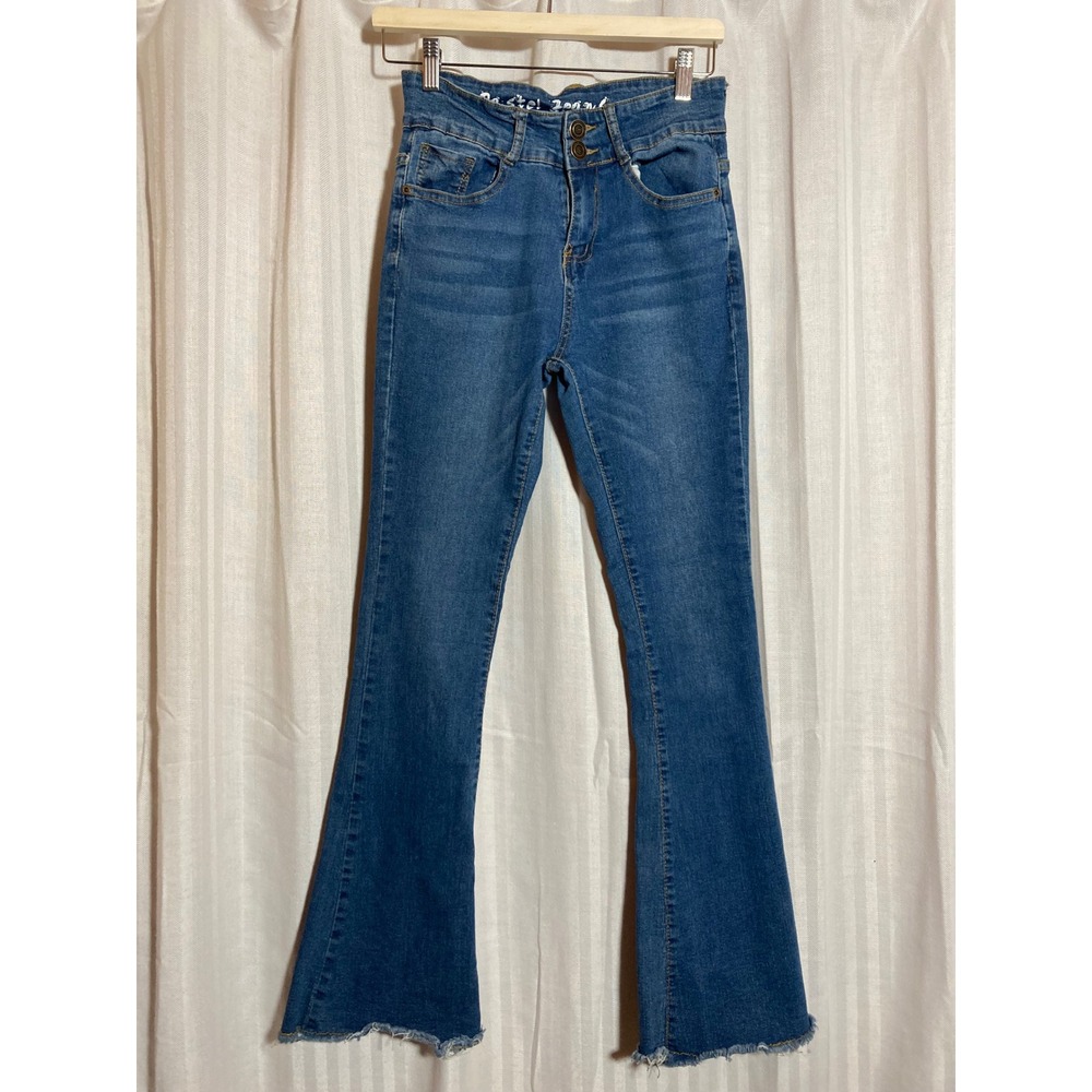 High Rise Flare Raw Hem Medium Wash Pastel Jeans Womens Denim‎ Jeans Size 7/8